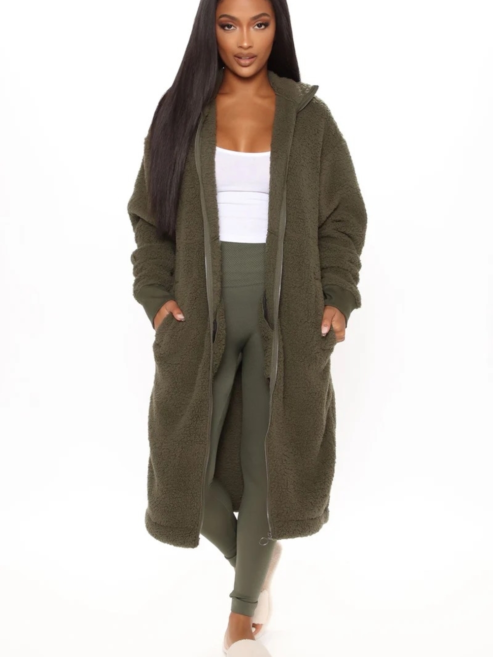 Fashion Nova Olive Green Long Sherpa Hooded Jacket